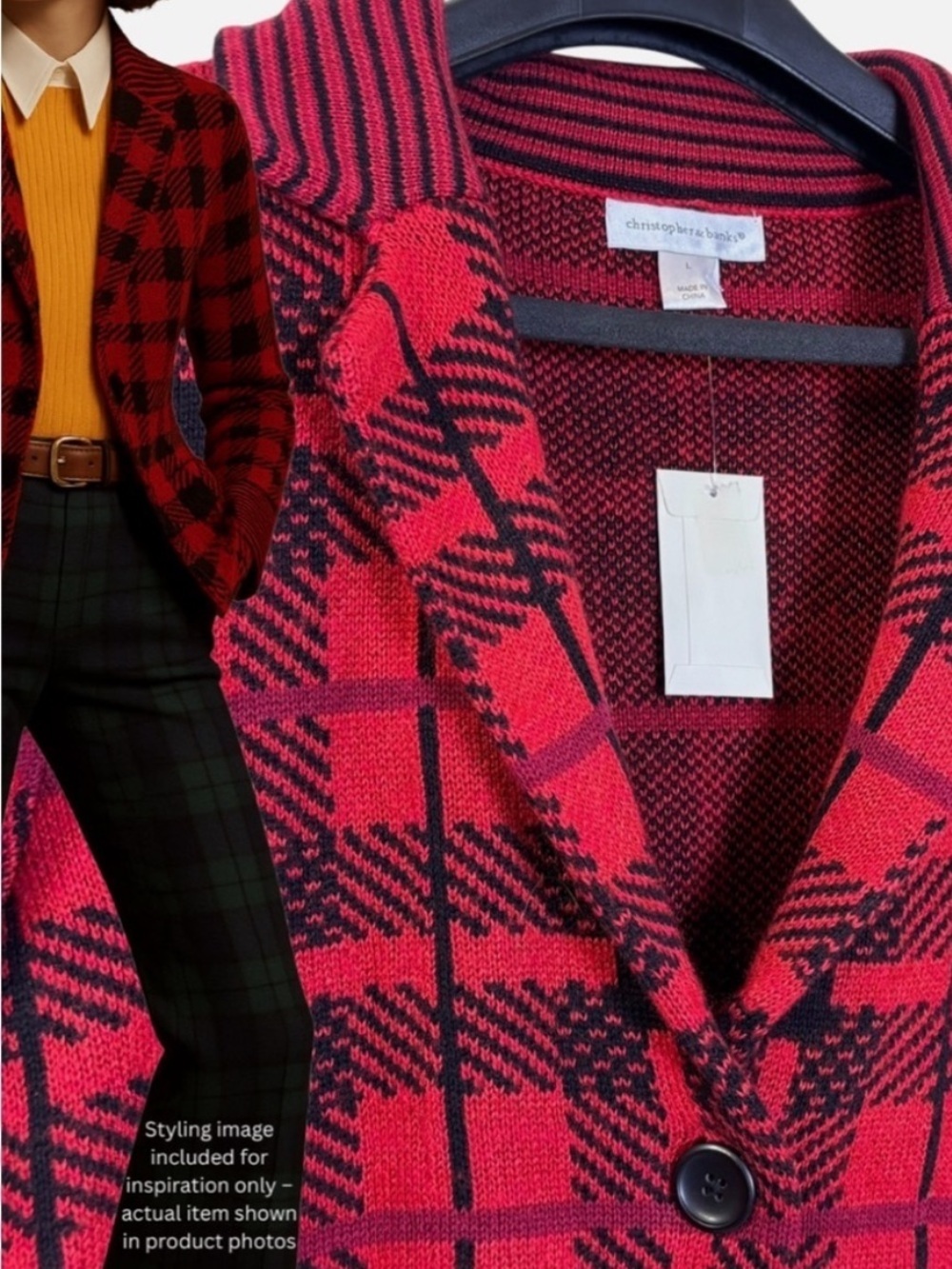 NEW Red & Black Plaid Knit Cardigan Sweater Blazer L Academia MSRP$70